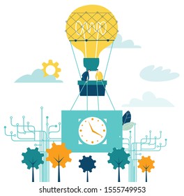 Air Balloon Light bulb with two business people in basket flying with clock. Concept illustration, finding new opportunity, progress, success and support ideas.