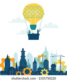 Air Balloon Light bulb with two business people in basket flying over the city. Business concept illustration, finding new opportunity, progress, success and support ideas.