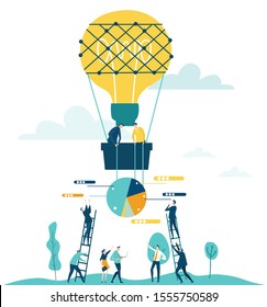 Air Balloon Light bulb with two business people in basket flying over the working, creative  team. Business concept illustration, finding new opportunity, progress, success and support ideas.