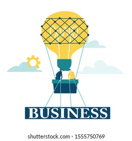 Air Balloon Light bulb with two business people in basket caring banner with  Business sign. Concept illustration, finding new opportunity, progress, success and support ideas.