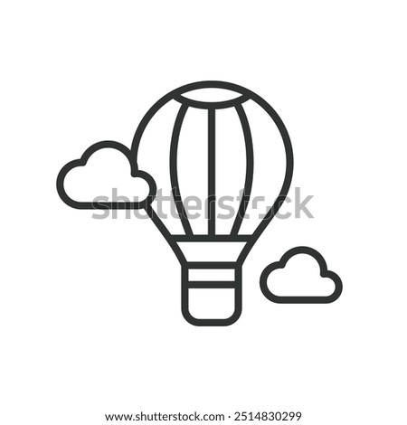 Air balloon, in line design. Air balloon, hot air balloon, flight, travel, adventure, sky, transportation on white background vector. Air balloon editable stroke icon.