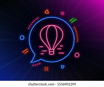 Air balloon line icon. Neon laser lights. Flight transport with basket sign. Amusement park symbol. Glow laser speech bubble. Neon lights chat bubble. Banner badge with air balloon icon. Vector