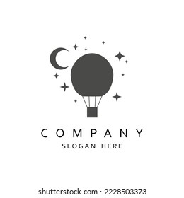 Air balloon logo design in minimalist style. Travel and transportation. Crescent moon and stars