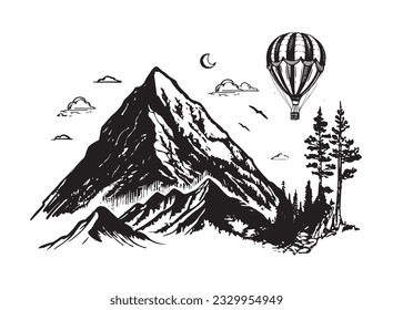 Air balloon, mountains, hand drawn illustrations, vector.