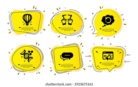Air balloon, Move gesture and Recovery data icons simple set. Yellow speech bubbles with dotwork effect. Dots message, Chemistry dna and Seo marketing signs. Flight travel, Swipe, Backup info. Vector