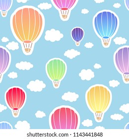 Air balloon on blue background with clouds. Vector seamless pattern