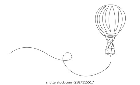 Air Balloon One Line Drawing. Hand Drawn Concept for Adventures and Tourism Design. Air Balloon One Line Vector Illustration Black Sketch Isolated on White Background for Minimalist Design