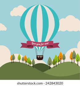 Air balloon over landscape background, vector illustration.