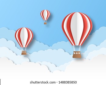 Air balloon paper cut. Colourful flying balloons in blue sky with white clouds. Airship travel 3d origami cartoon vector graphics creative festival floating background