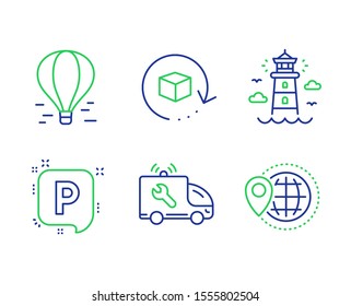 Air balloon, Parking and Return package line icons set. Lighthouse, Car service and World travel signs. Flight travel, Auto park, Exchange goods. Beacon tower. Transportation set. Vector