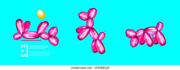 Air balloon play dog. 3d realistic cute rubber toy. Creative birthday design. Shiny inflatable twist figure, fun party. Puppy pink vector pop art.