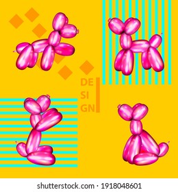 Air balloon play dog. 3d realistic cute rubber toy. Creative birthday design. Shiny inflatable twist figure, fun party. Puppy pink vector pop art.
