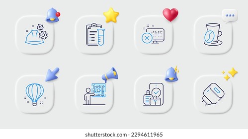 Air balloon, Reject access and Working process line icons. Buttons with 3d bell, chat speech, cursor. Pack of Charging adapter, Coffee cup, Carry-on baggage icon. Vector