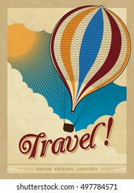 Air Balloon Retro Poster. Vintage Travel Poster. Aerostat Retro Vector Illustration. Air Travel Poster Template. Vector Air Balloon Poster.