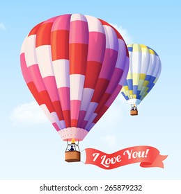 Air balloon with ribbon with I love you text flying in blue sky vector illustration