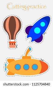 Air balloon, rocket and submarine in cartoon style, cutting practice, education game for the development of preschool children, use scissors, cut the images, vector illustration