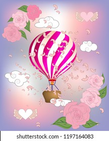 Air balloon with roses in the basket and ribbon with signature I really love you Valentines day illustration