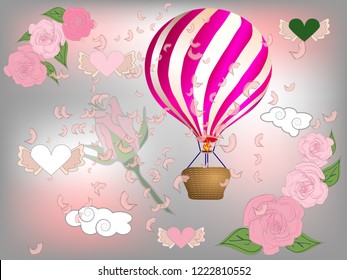 Air balloon with roses in the basket and ribbon with signature I really love you Valentines day illustration