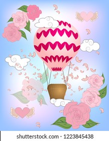 Air balloon with roses in the basket and ribbon with signature I really love you Valentines day illustration