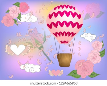 Air balloon with roses in the basket and ribbon with signature I really love you Valentines day illustration