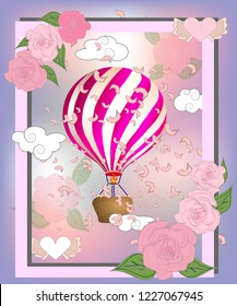 Air balloon with roses in the basket and ribbon with signature I really love you Valentines day illustration