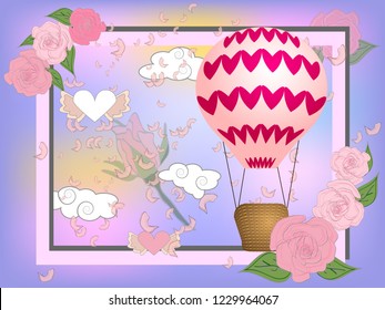 Air balloon with roses in the basket and ribbon with signature I really love you Valentines day illustration