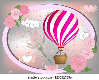 Air balloon with roses in the basket and ribbon with signature I really love you Valentines day illustration