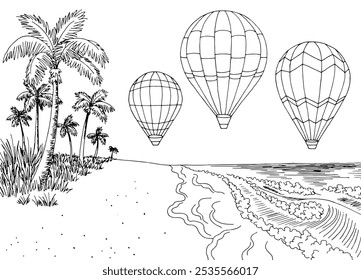 Air balloon sea coast graphic beach black white landscape sketch illustration vector
