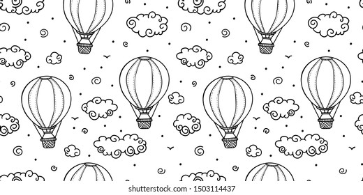 air balloon seamless pattern with clouds  black contour on a white background
