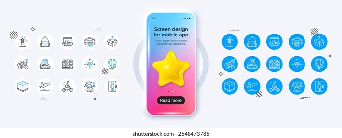 Globo de aire, caja de envío e iconos de línea de avión. Maqueta del teléfono con el icono de la estrella 3d. Paquete de mochila, ascensor, icono de viaje de barco. Transferencia vip, entrega de paquetes, pictograma de faro. Vector