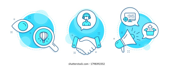Air balloon, Send box and Seo line icons set. Handshake deal, research and promotion complex icons. Consultant sign. Sky travelling, Delivery package, Search engine. Call center. Vector