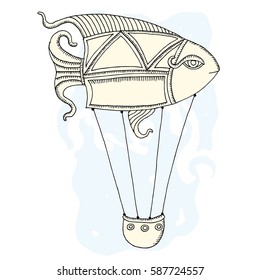 Air balloon in shape of an fish with basket illustration 