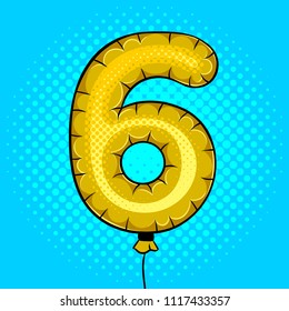 Air balloon in shape of number 6 pop art retro vector illustration. Comic book style imitation.