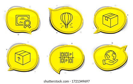 Air Balloon Sign. Diploma Certificate, Save Planet Chat Bubbles. Package, Parking Place And Parcel Line Icons Set. Delivery Pack, Transport, Shipping Box. Flight Travel. Transportation Set. Vector