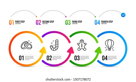 Air balloon sign. Infographics timeline. Wedding rings, Candy and Gingerbread man line icons set. Love, Lollypop, Christmas cookie. Flight travel. Holidays set. Wedding rings icon. Vector
