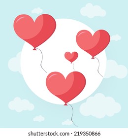 Air balloon in the sky in flat design vector illustration. heart on Valentine's day