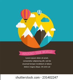 Air balloon, sun, mountain background with ribbons