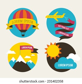 Air balloon, sun, mountains and airplane backgrounds with ribbons