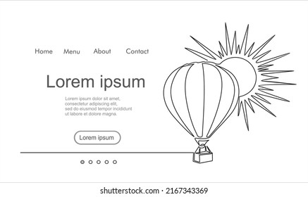 Air balloon with sun. Symbol of happiness, travel and relaxation. Continuous one line drawing. Vector illustration with quote template.