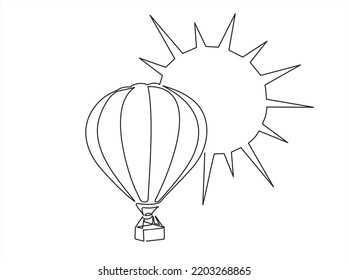 Air balloon with sun. Symbol of happiness, travel and relaxation. Continuous one line drawing. Vector illustration