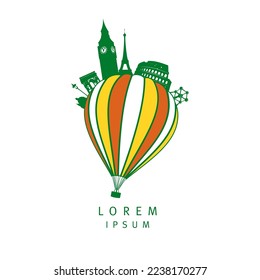 Air balloon symbol with European showplace elements, vector logotype with air ballon and Eiffel tower, Colosseum, Big Ben, Arc de Triomphe