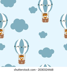 Air balloon with tigers and clouds.
Seamless vector background. Vintage children's illustration. Print and wallpaper design.