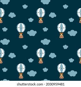 Luftballon mit Tigern und Wolken.
Nahtloser Vektorhintergrund. Vintage Kinder Illustration. Drucken und Tapeten-Design.