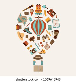 Air balloon travel or expedition elements stylized in aerostat shape. Adventure, explore and hiking icons. Air trip concept with backpacking equipment for photo tour. Discover the world card.