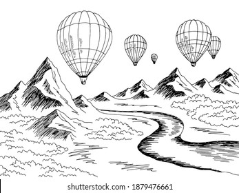 Air balloon travel mountain river graphic black white landscape sketch illustration vector