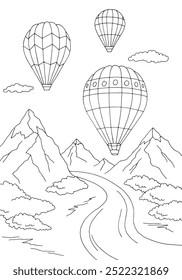 Air balloon travel mountain river graphic black white landscape sketch vertical illustration vector 