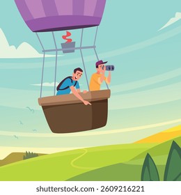 Air balloon travellers. people flying and sky exploring