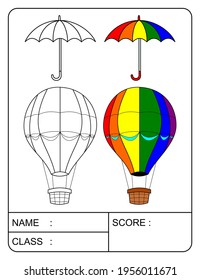Air balloon and umbrella vector, coloring book or page for kids, vector illustration