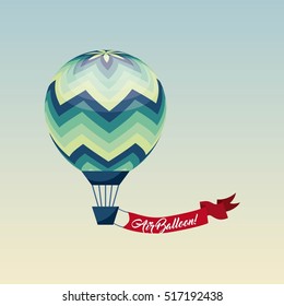 air balloon vehicle with red ribbon over white background. colorful design. vector illustration