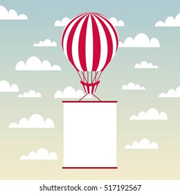 air balloon vehicle with white pennant over sky background. colorful design. vector illustration